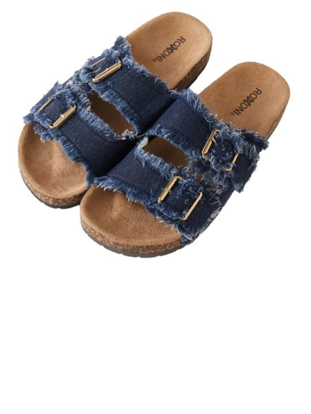 NWT Roxoni Sz 8 Frayed Double-Buckle Slide Sandals in Denim Blue